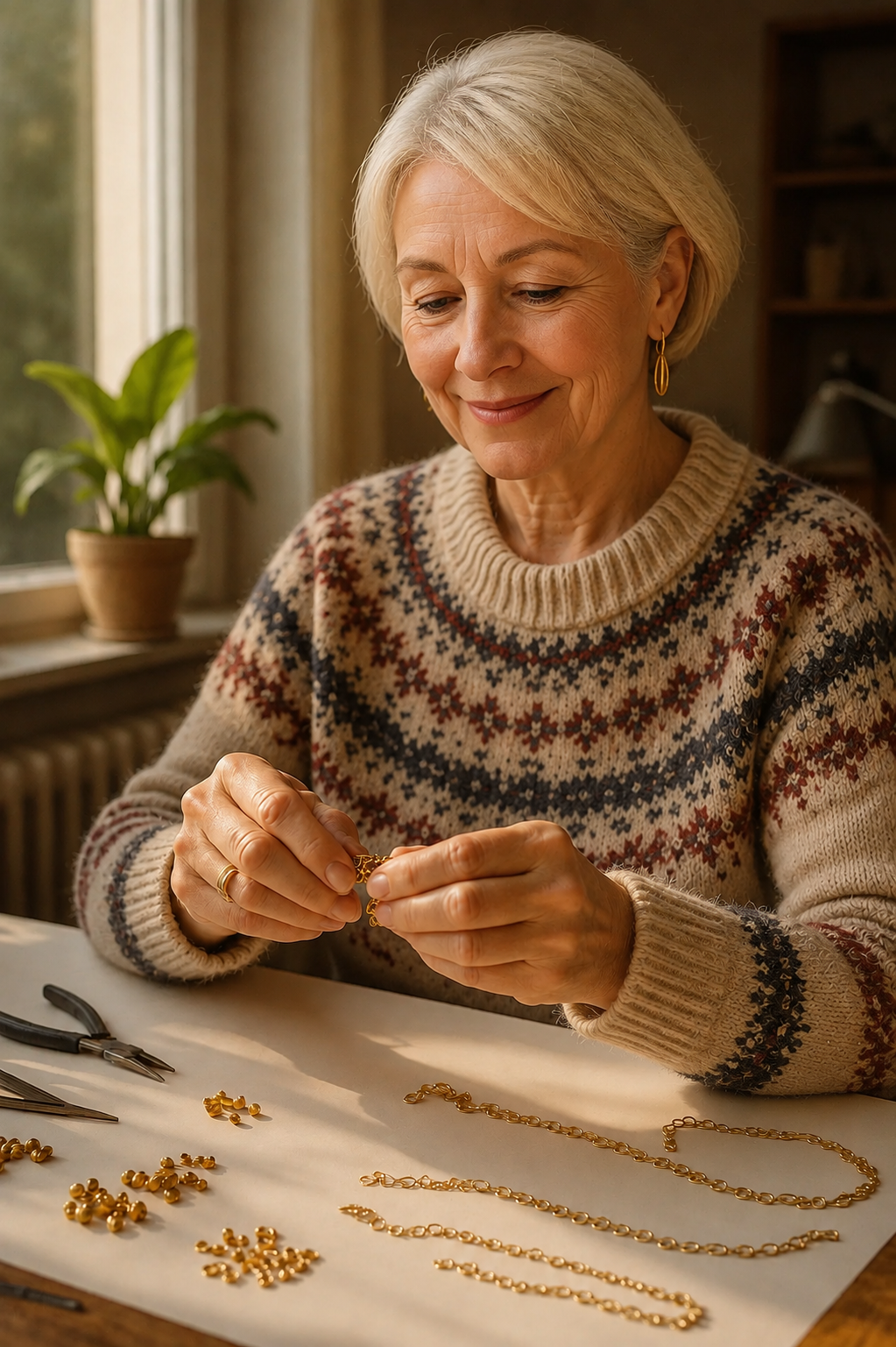 Kvinne som lager smykker ved arbeidsbordet