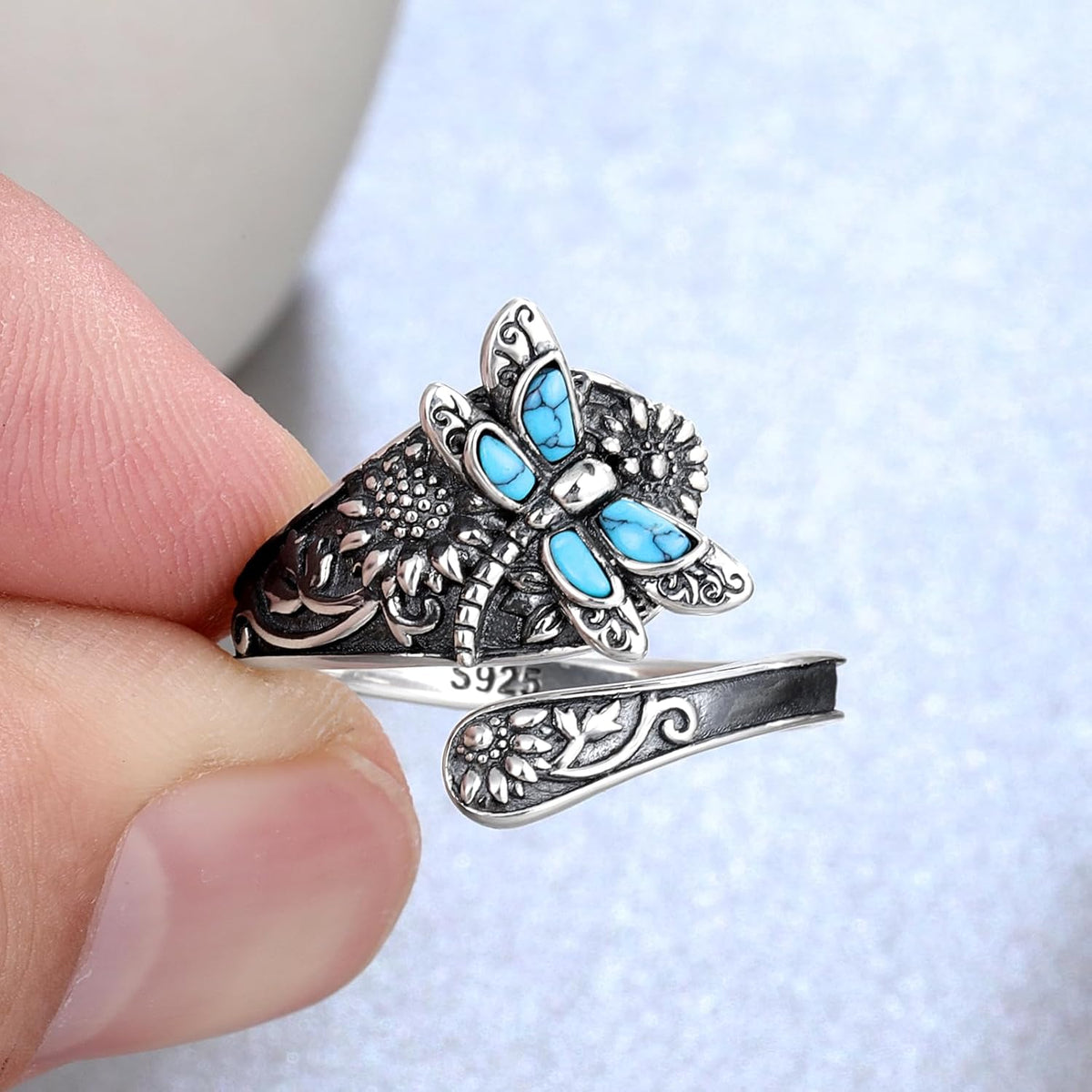 Skjering med turkis i ekte 925 sølv – vintage boho wrap-ring med øyenstikker