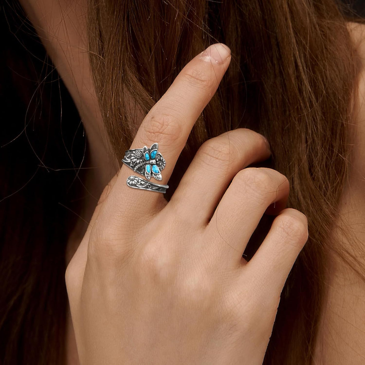 Skjering med turkis i ekte 925 sølv – vintage boho wrap-ring med øyenstikker