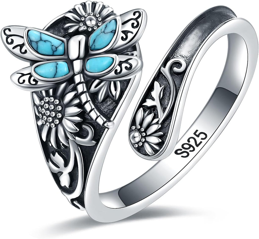 Skjering med turkis i ekte 925 sølv – vintage boho wrap-ring med øyenstikker