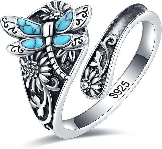 Skjering med turkis i ekte 925 sølv – vintage boho wrap-ring med øyenstikker