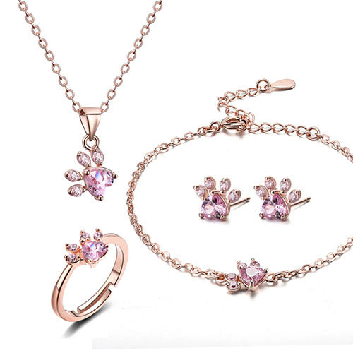 Smykkesett Pote i rosegull – 4 deler med zirkoniahjerte (ring, halskjede, øredobber, armbånd)