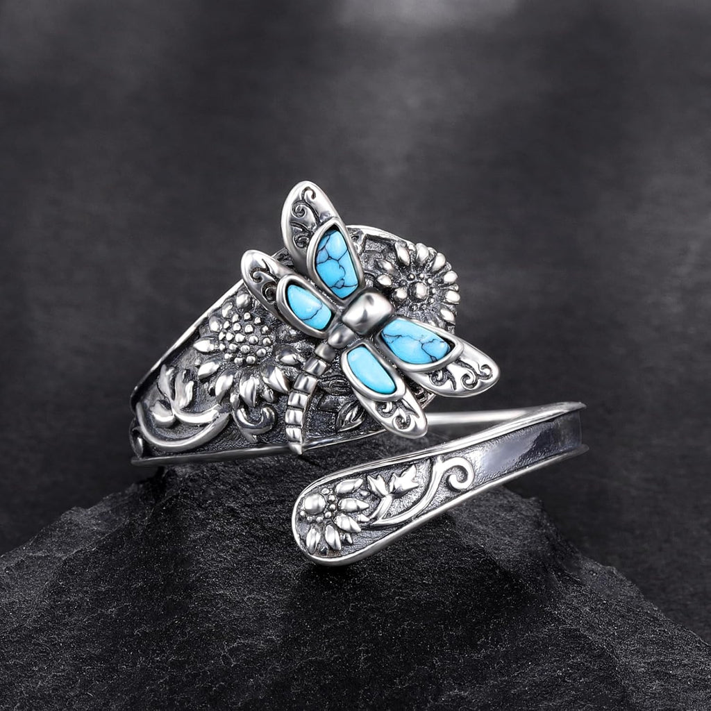 Skjering med turkis i ekte 925 sølv – vintage boho wrap-ring med øyenstikker