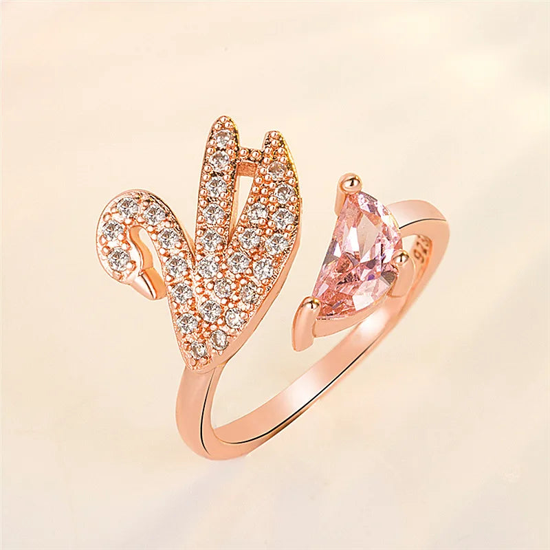 Ring Svane med krystall – justerbar, rosegull