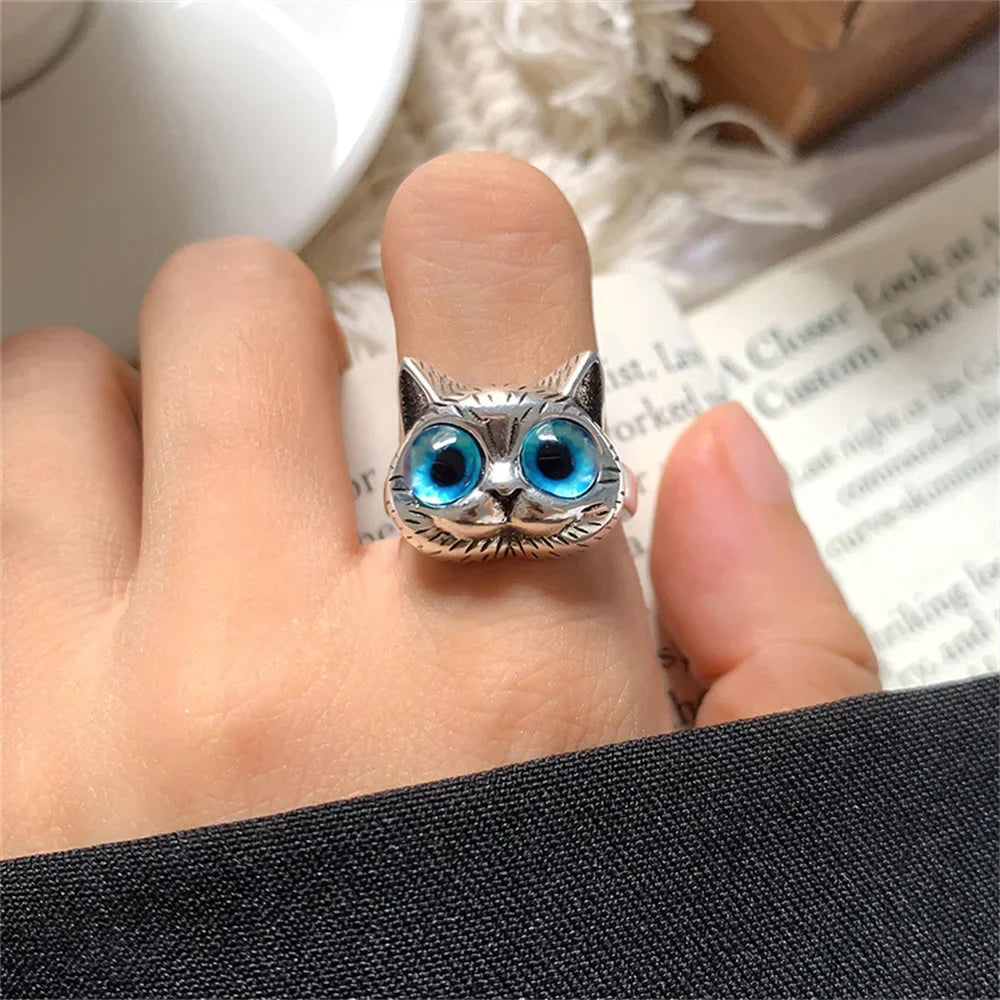 Ring Blåøyd katt – leken vintage sølvring med dyremotiv for katteelskere