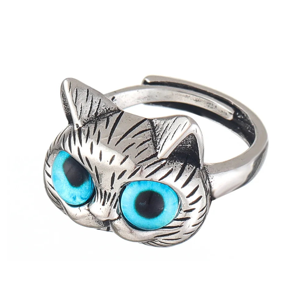 Ring Blåøyd katt – leken vintage sølvring med dyremotiv for katteelskere
