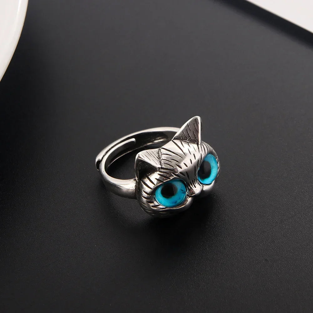 Ring Blåøyd katt – leken vintage sølvring med dyremotiv for katteelskere