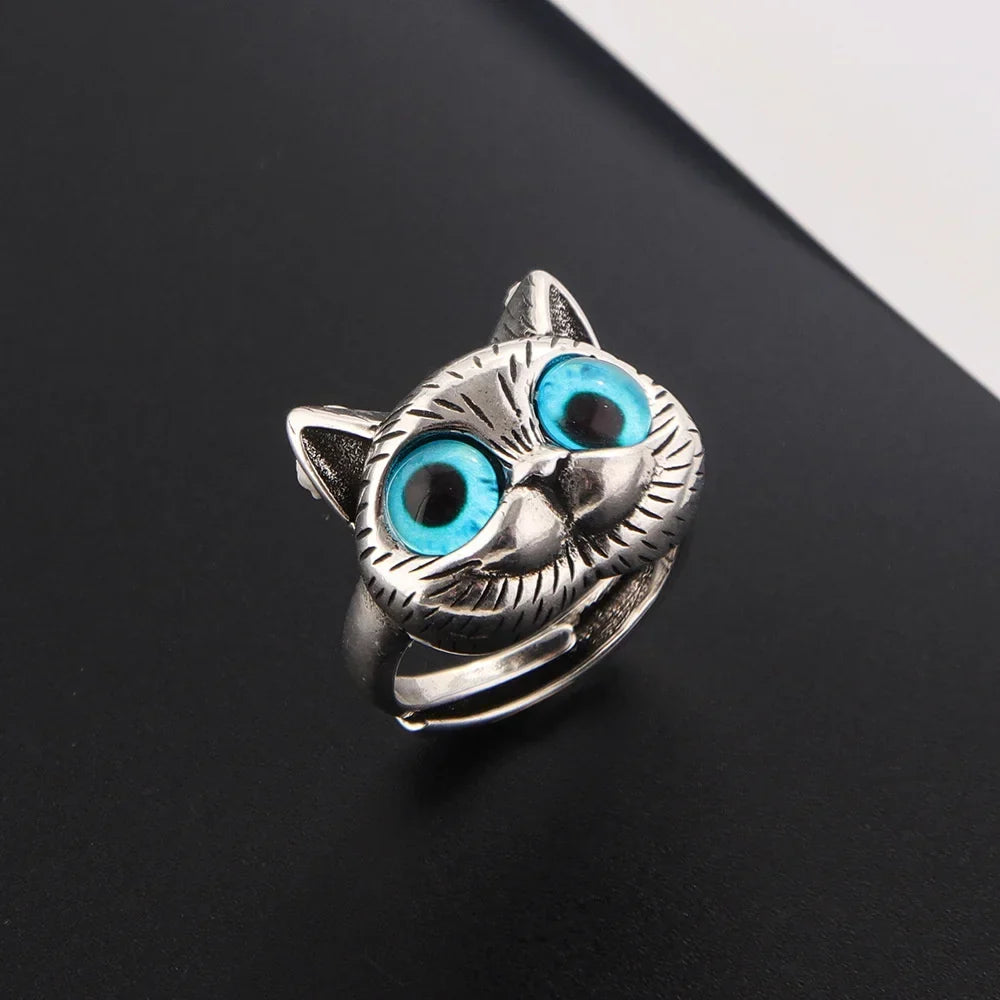 Ring Blåøyd katt – leken vintage sølvring med dyremotiv for katteelskere