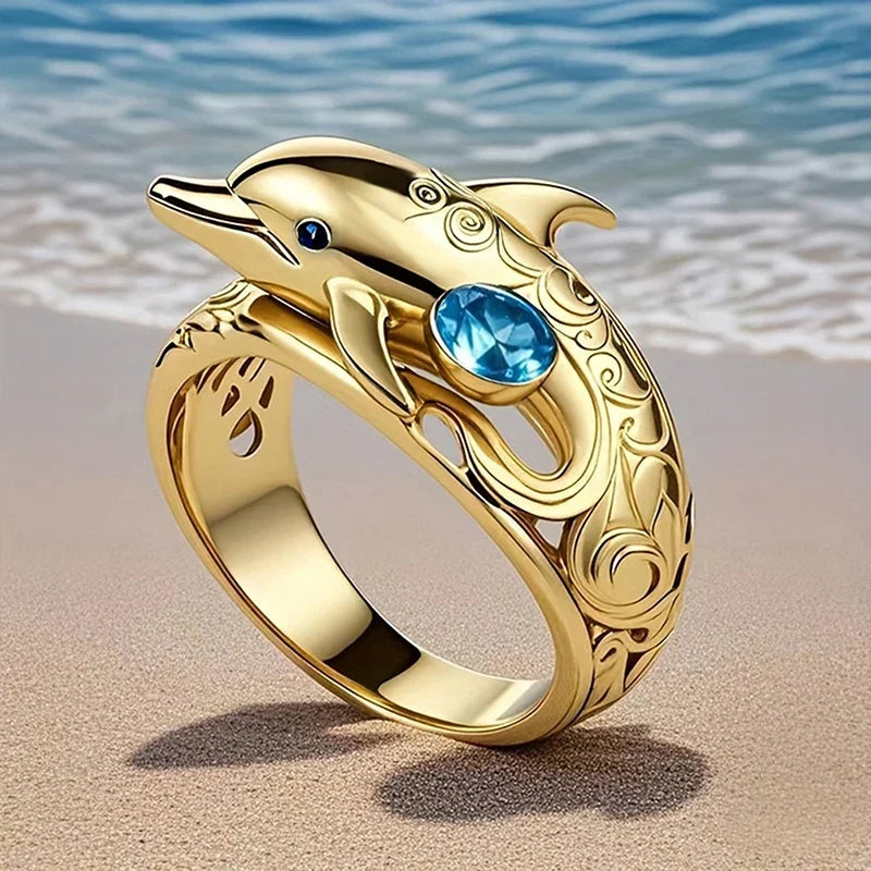Ring delfin med blå krystaller