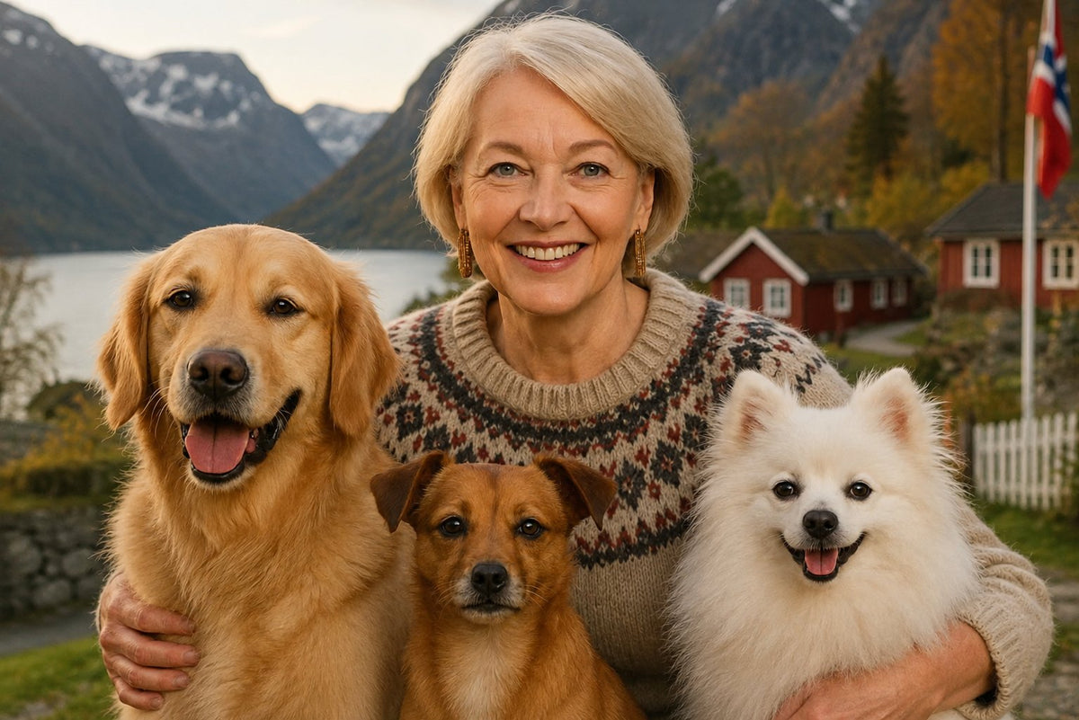 Kvinne med tre hunder ved fjorden