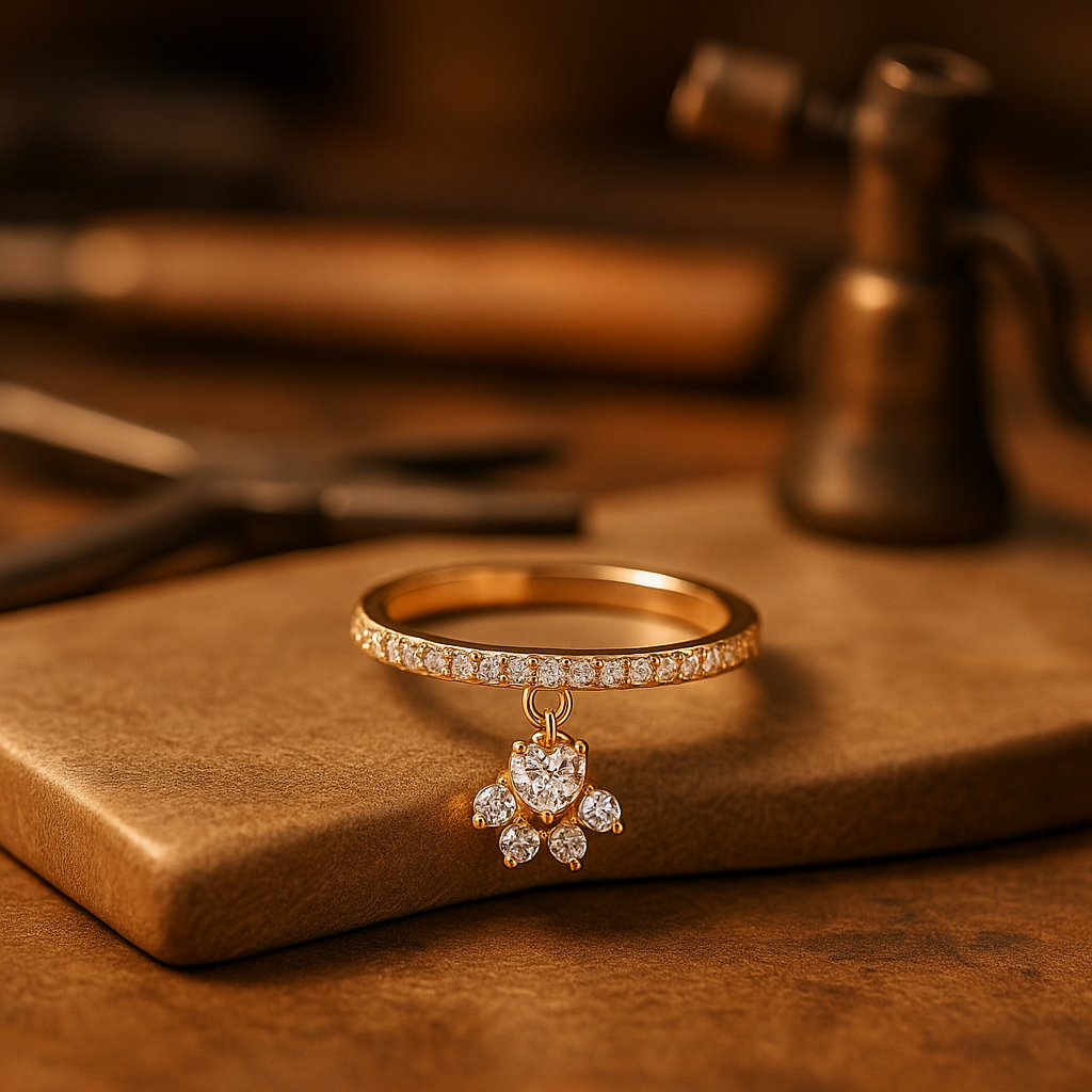Vintage ring med kattepote og hjerte med stein – gull og sølv
