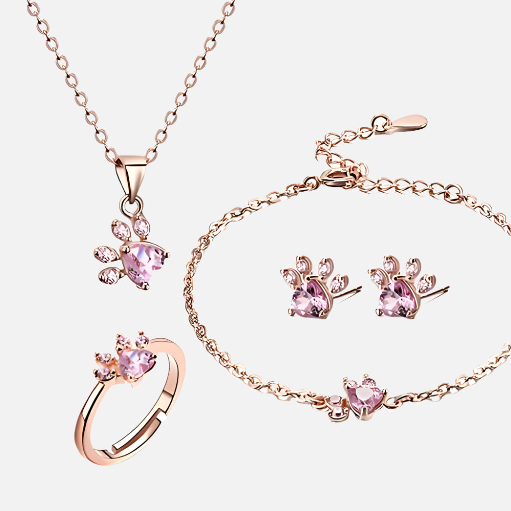 Smykkesett Pote i rosegull – 4 deler med zirkoniahjerte (ring, halskjede, øredobber, armbånd)